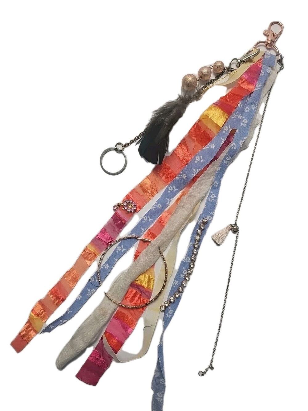 Purse Charm Key Ring Keychain Tassel Boho Shabby Upcycled Bright Multicolor K13